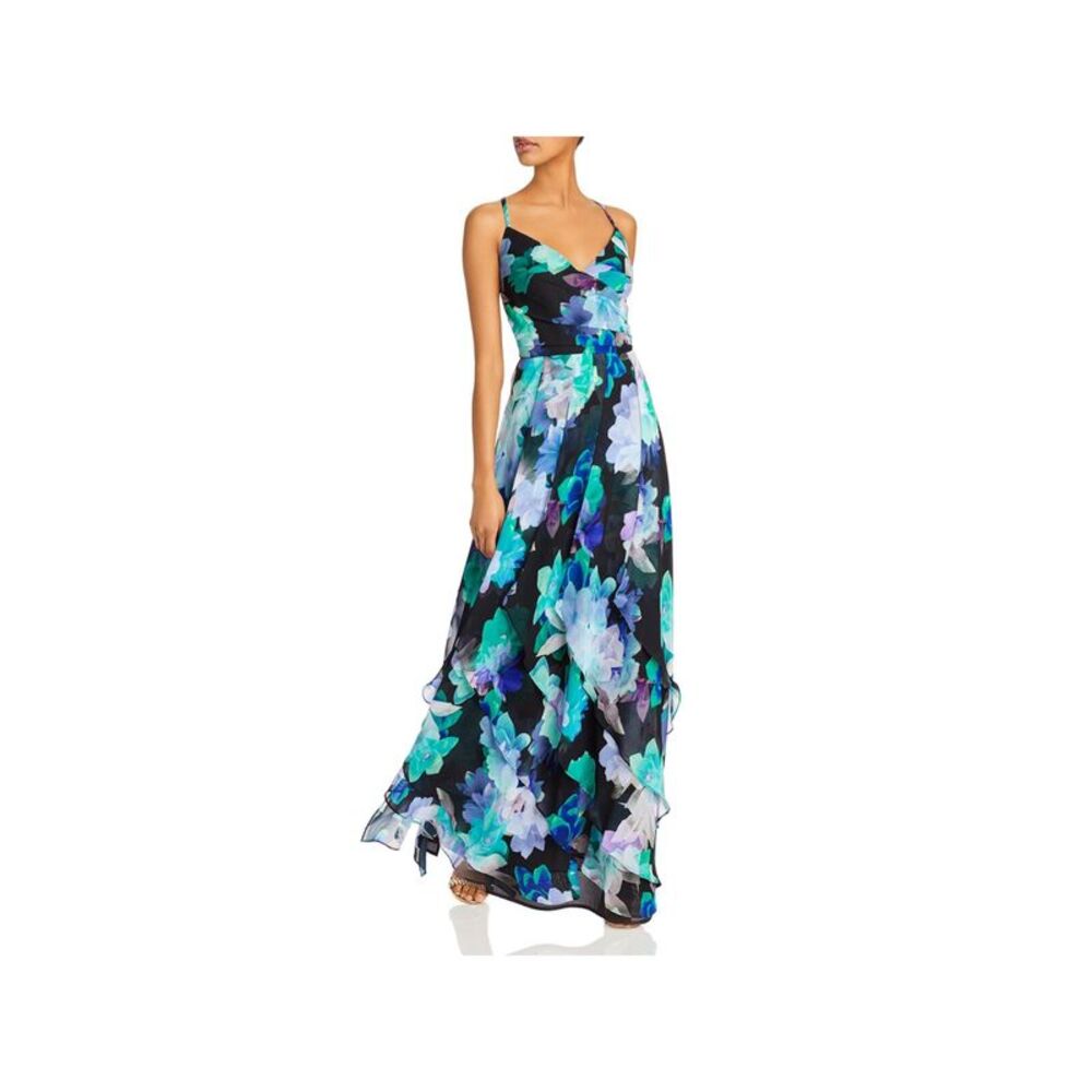 AQUA FORMAL Womens Black Chiffon Gown Spaghetti Strap Formal Fit + Flare Dress 0